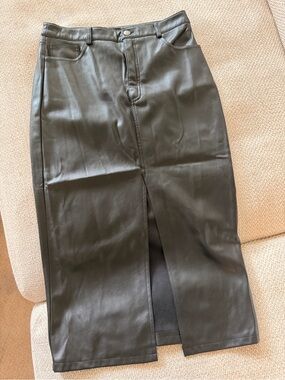 Dynamite Black Faux Leather Midi Pencil Skirt with Front Vent